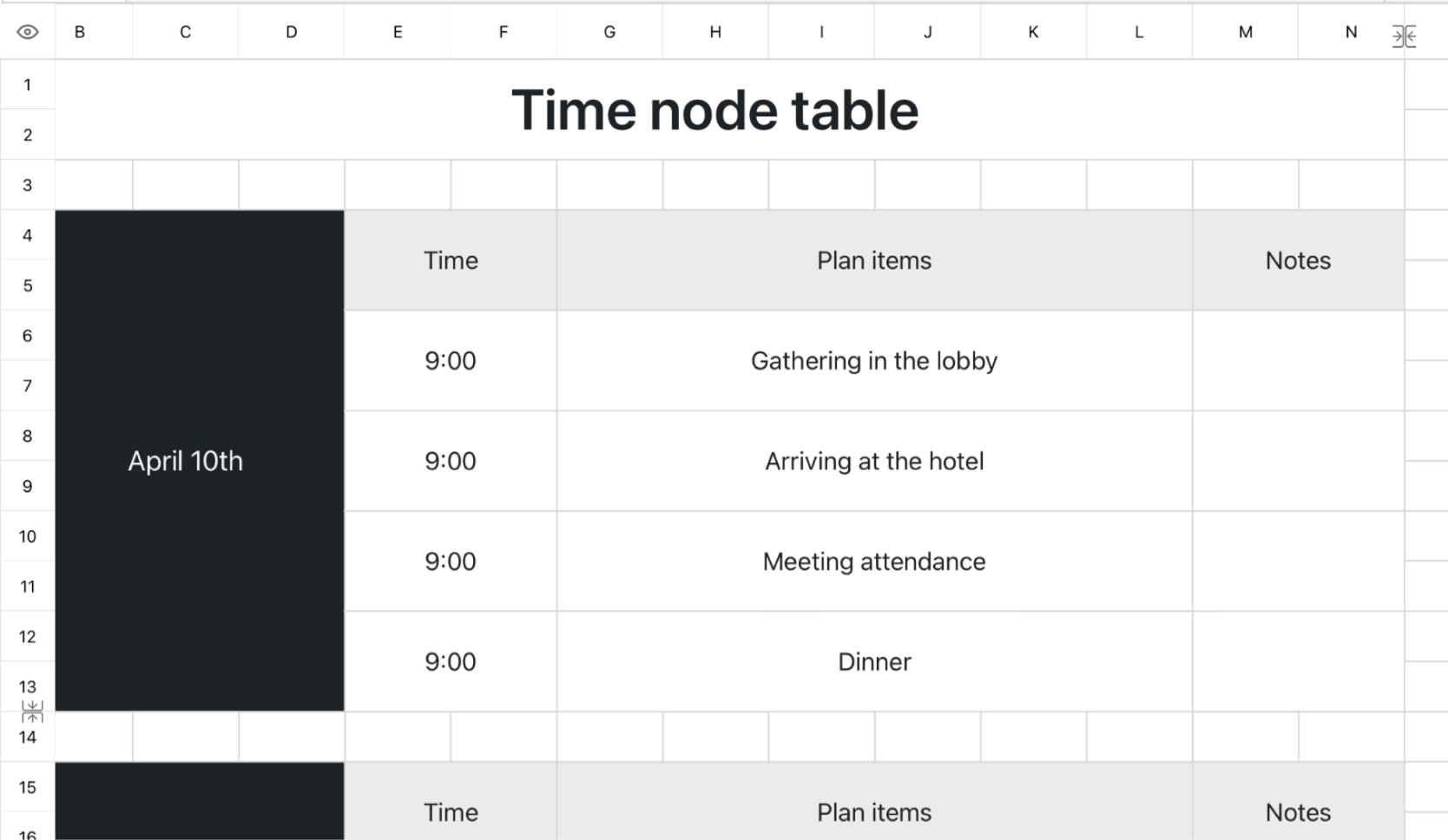 Time node table